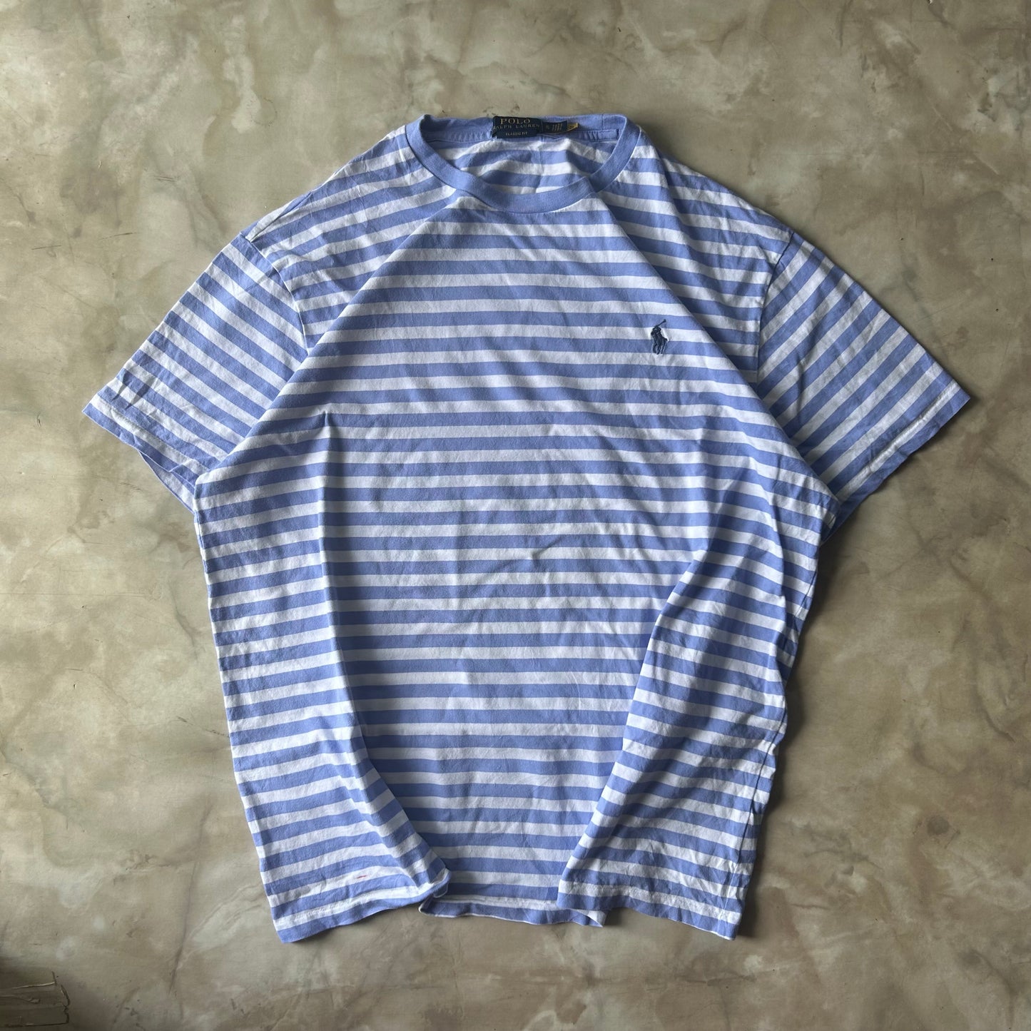 Vintage Bram's Vintage Ralph Lauren T-Shirt Striped Blue White Black Pony in Black — sustainable streetwear from Bram's Vintage