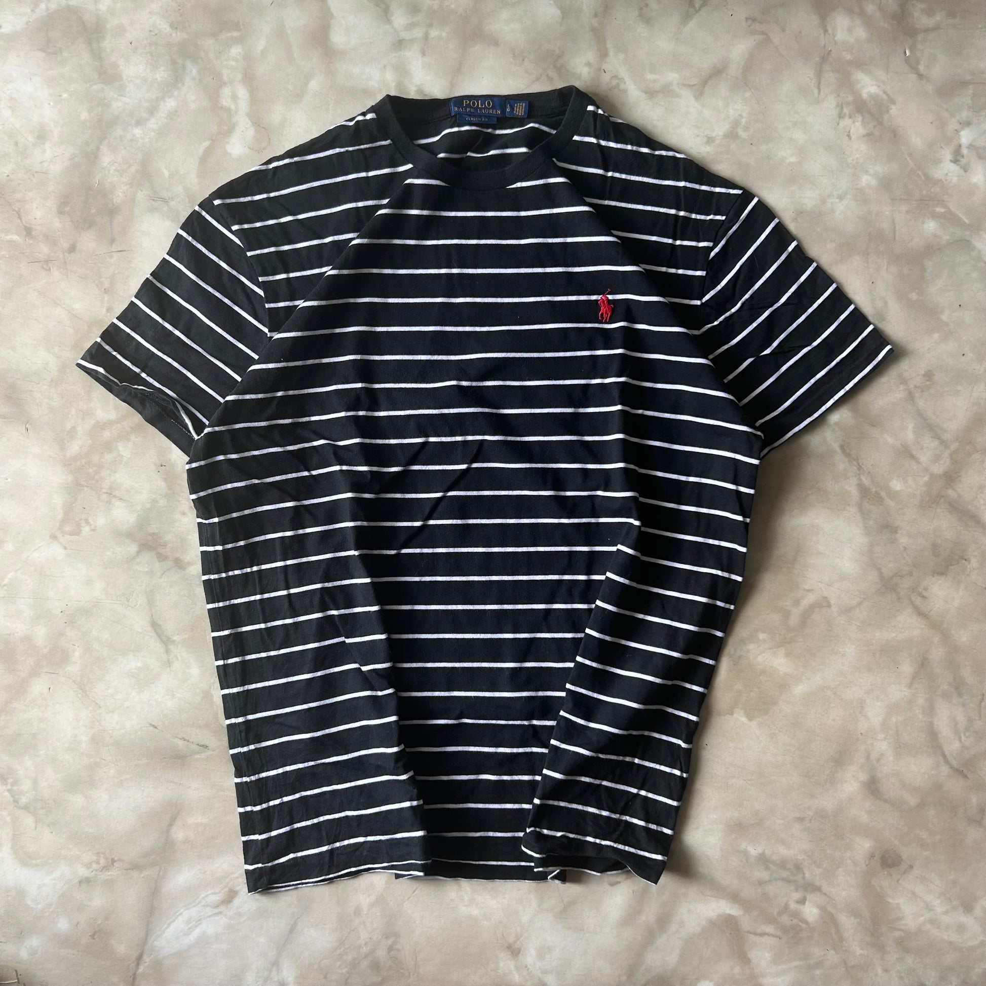 Vintage Bram's Vintage Ralph Lauren T-Shirt Striped Black White Red Pony in Black — sustainable streetwear from Bram's Vintage