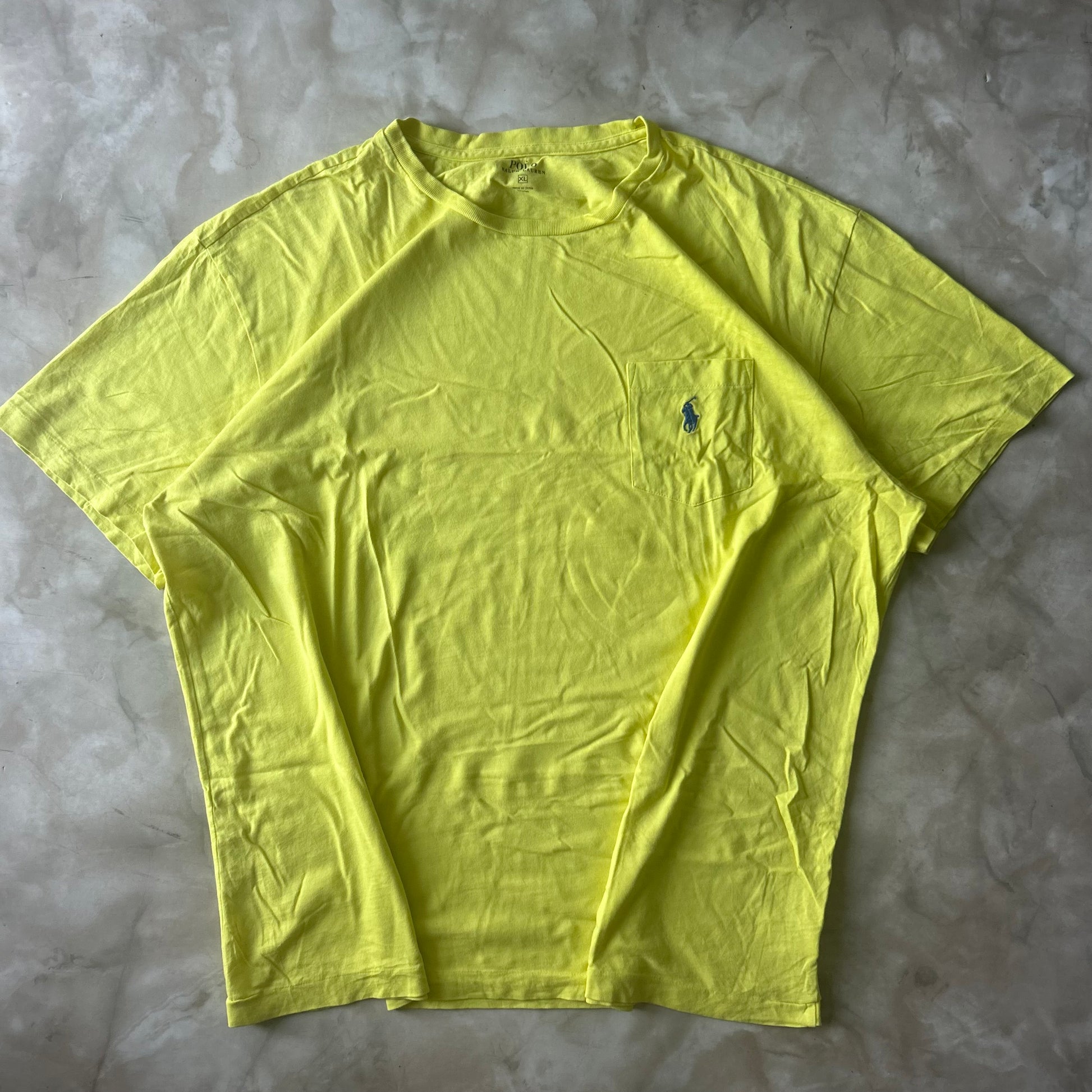 Vintage Bram's Vintage Ralph Lauren T-Shirt Yellow Pocket Blue Pony in Blue — sustainable streetwear from Bram's Vintage