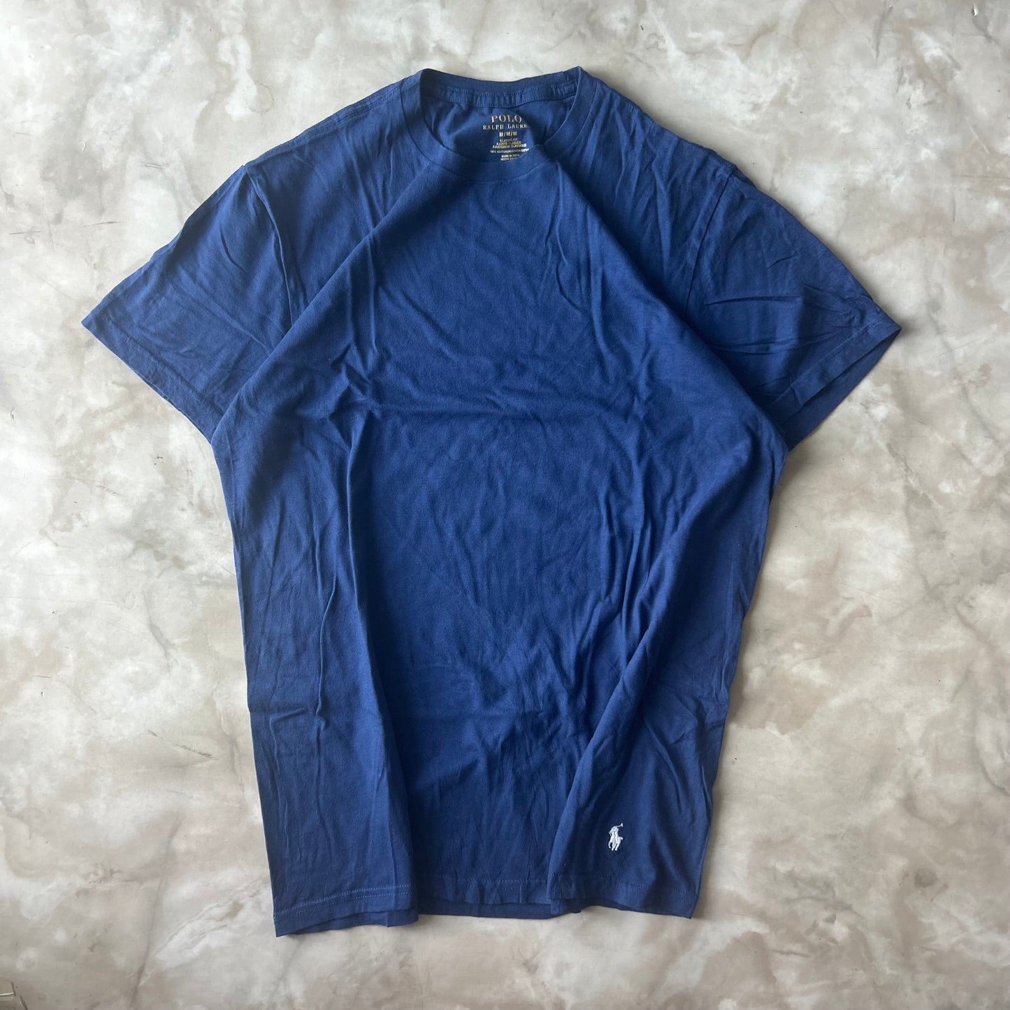 Vintage Bram's Vintage Ralph Lauren T-Shirt Blue White Pony Bottom in Blue — sustainable streetwear from Bram's Vintage