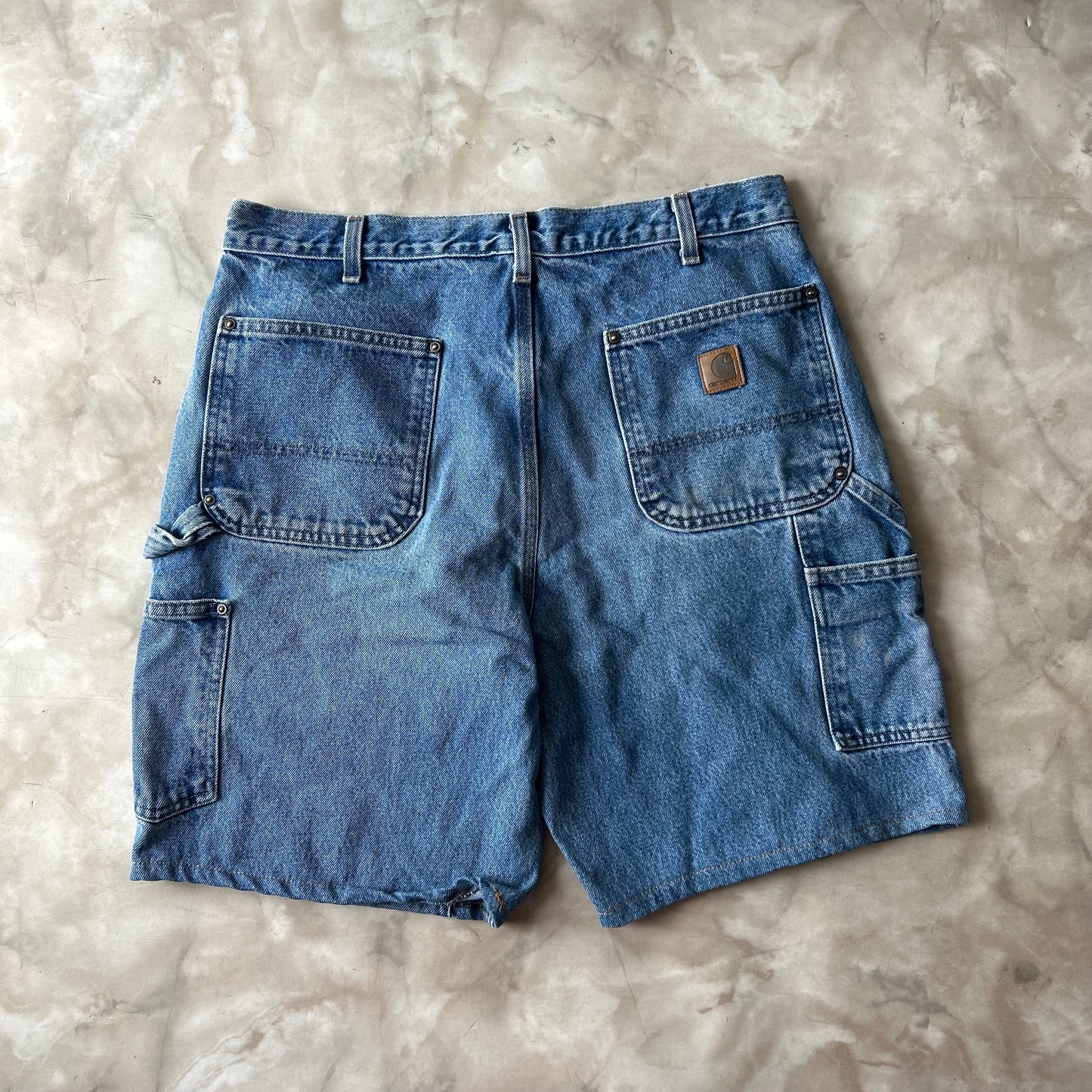 Vintage Bram's Vintage Carhartt Dungaree Loose Fit Double Knee Short Blue in Blue — sustainable streetwear from Bram's Vintage