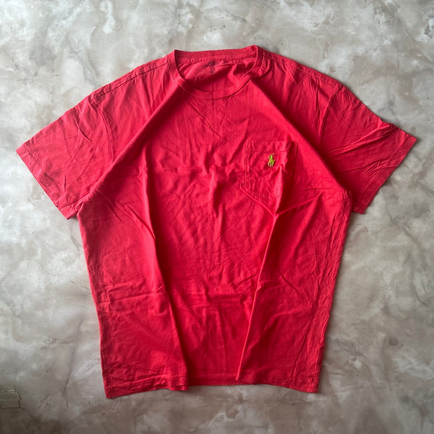 Vintage Bram's Vintage Ralph Lauren T-Shirt Red Pocket Yellow Pony in Red — sustainable streetwear from Bram's Vintage