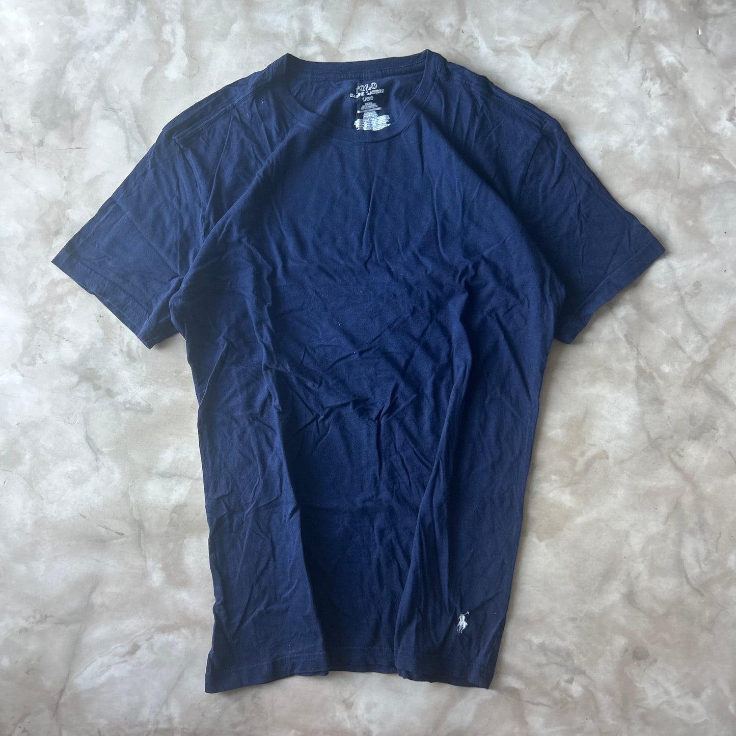 Vintage Bram's Vintage Ralph Lauren T-Shirt Navy White Pony Bottom in White — sustainable streetwear from Bram's Vintage