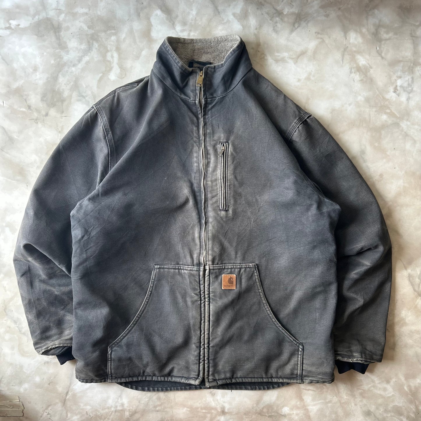 Vintage Bram's Vintage Carhartt Faded Distressed Black Sandstone Sherpa Lined Mock Neck Jacket in Black — sustainable streetwear from Bram's Vintage