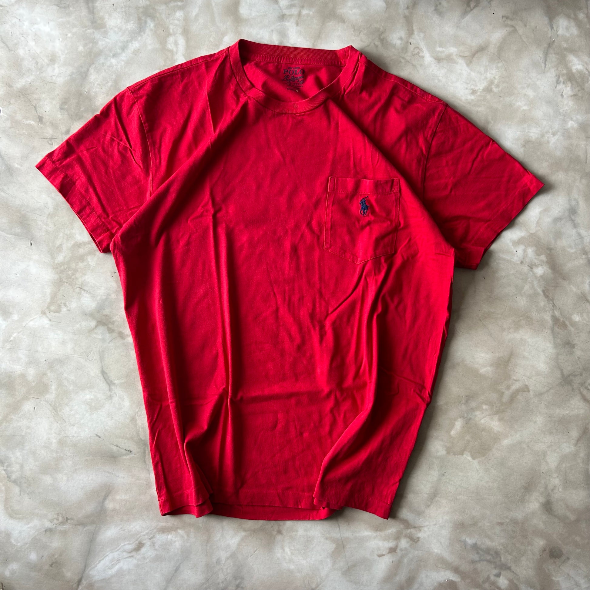 Vintage Bram's Vintage Ralph Lauren T-Shirt Red Pocket Blue Pony in Blue — sustainable streetwear from Bram's Vintage