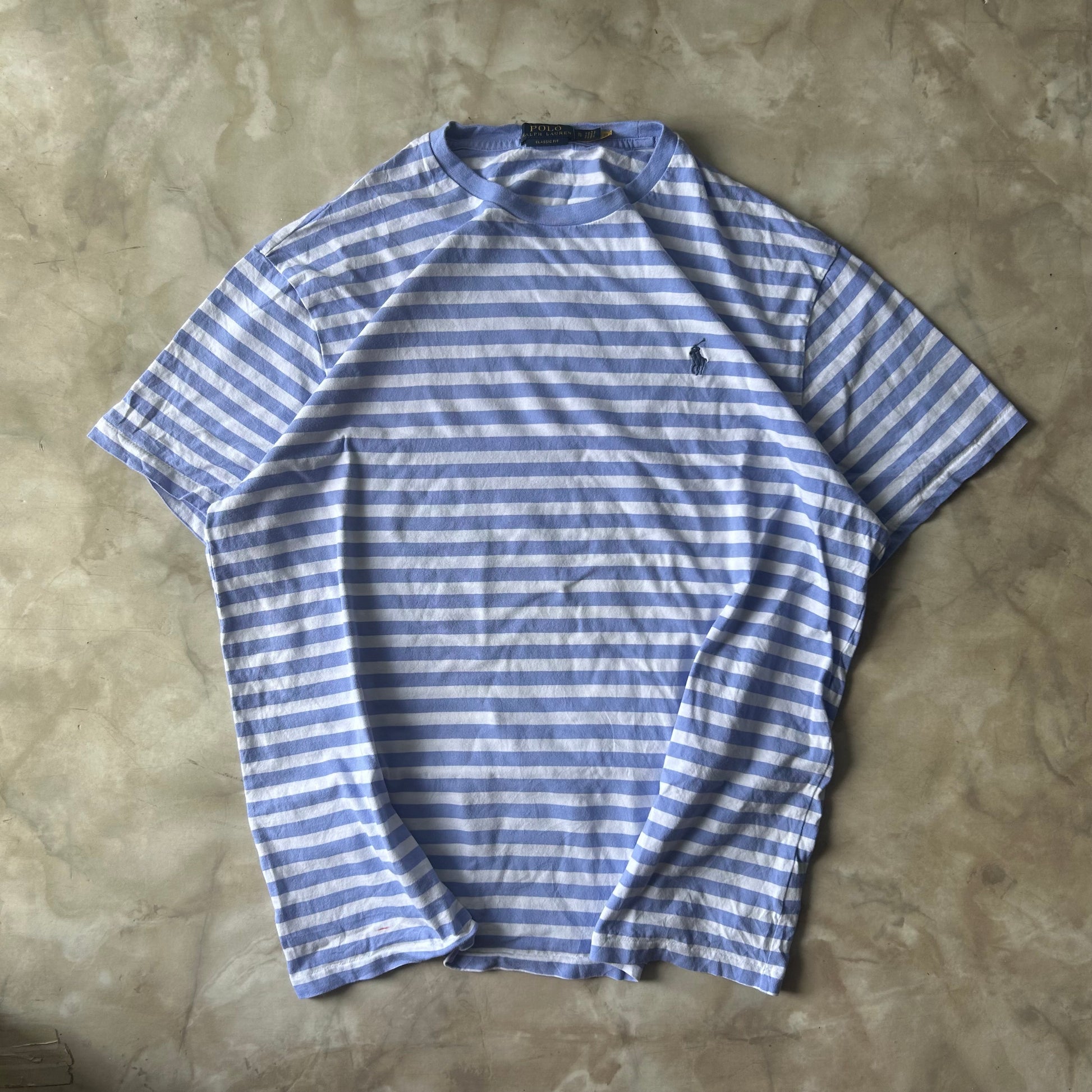Vintage Bram's Vintage Ralph Lauren T-Shirt Striped Blue White Black Pony in Black — sustainable streetwear from Bram's Vintage