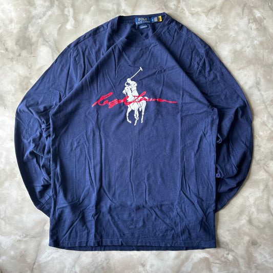 Vintage Bram's Vintage Ralph Lauren Longsleeve Blue RL Print in Blue — sustainable streetwear from Bram's Vintage