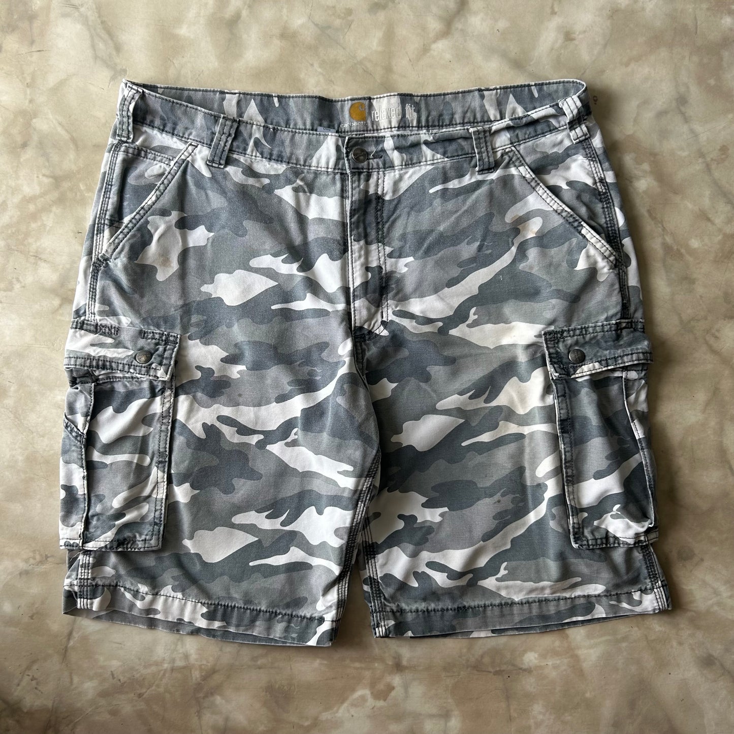 Vintage Bram's Vintage Carhartt Relaxed Fit Work Short Camo Grey in Grey — sustainable streetwear from Bram's Vintage