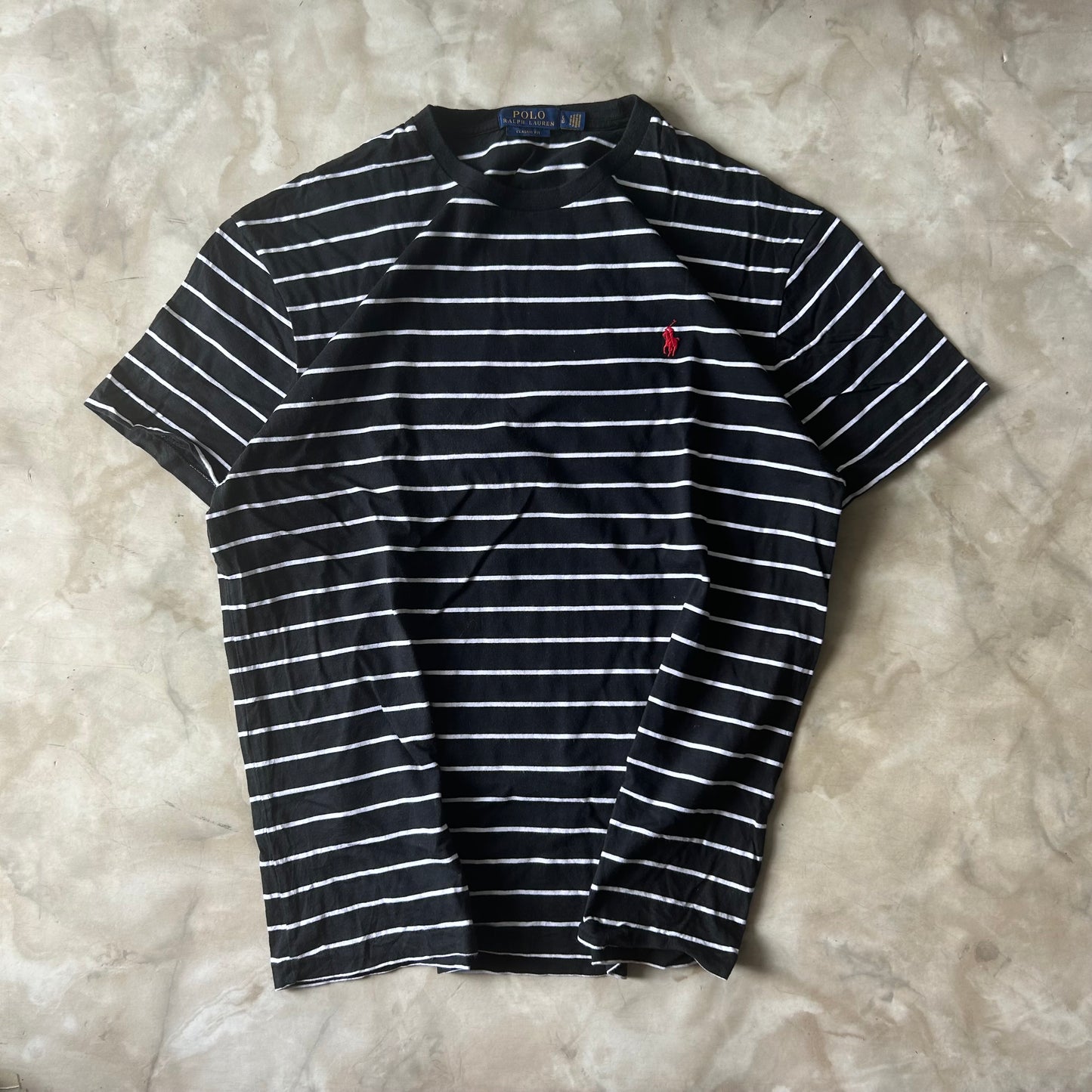 Vintage Bram's Vintage Ralph Lauren T-Shirt Striped Black White Red Pony in Black — sustainable streetwear from Bram's Vintage