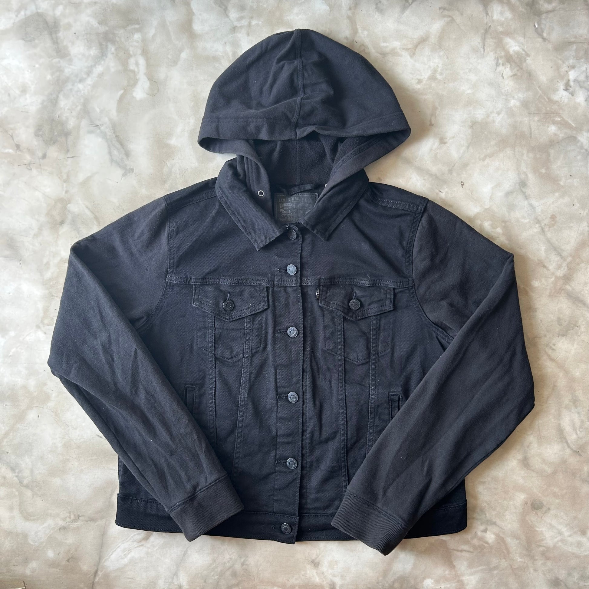 Vintage Bram's Vintage Levi's Denim Jacket Black Hooded (women's) in Black — sustainable streetwear from Bram's Vintage