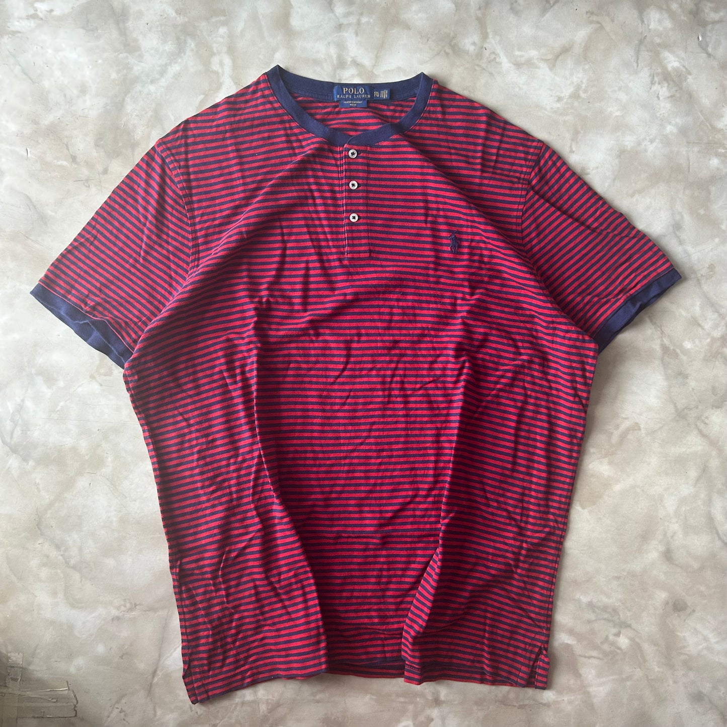 Vintage Bram's Vintage Ralph Lauren T-Shirt Striped Red Blue Pony in Blue — sustainable streetwear from Bram's Vintage