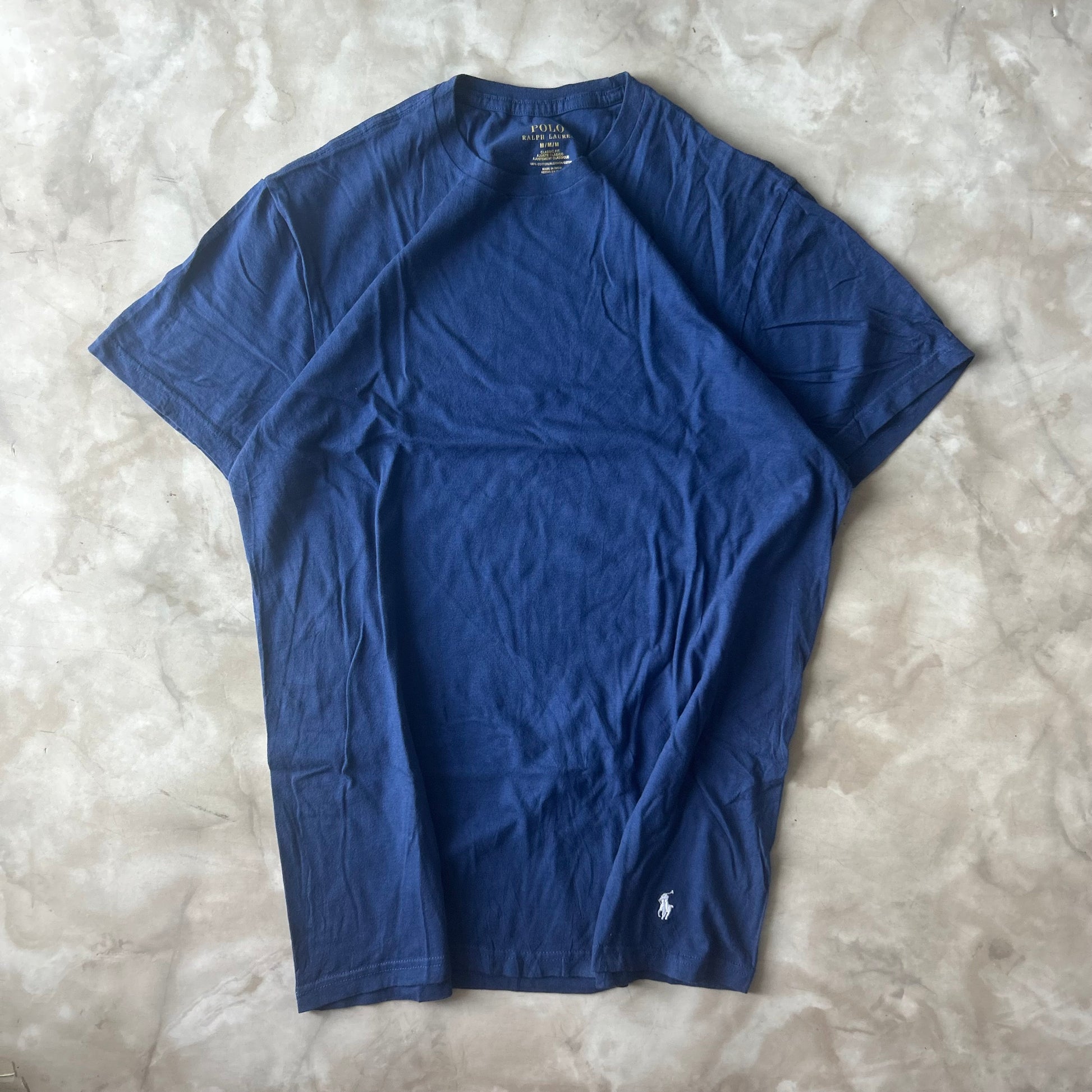 Vintage Bram's Vintage Ralph Lauren T-Shirt Blue White Pony Bottom in Blue — sustainable streetwear from Bram's Vintage