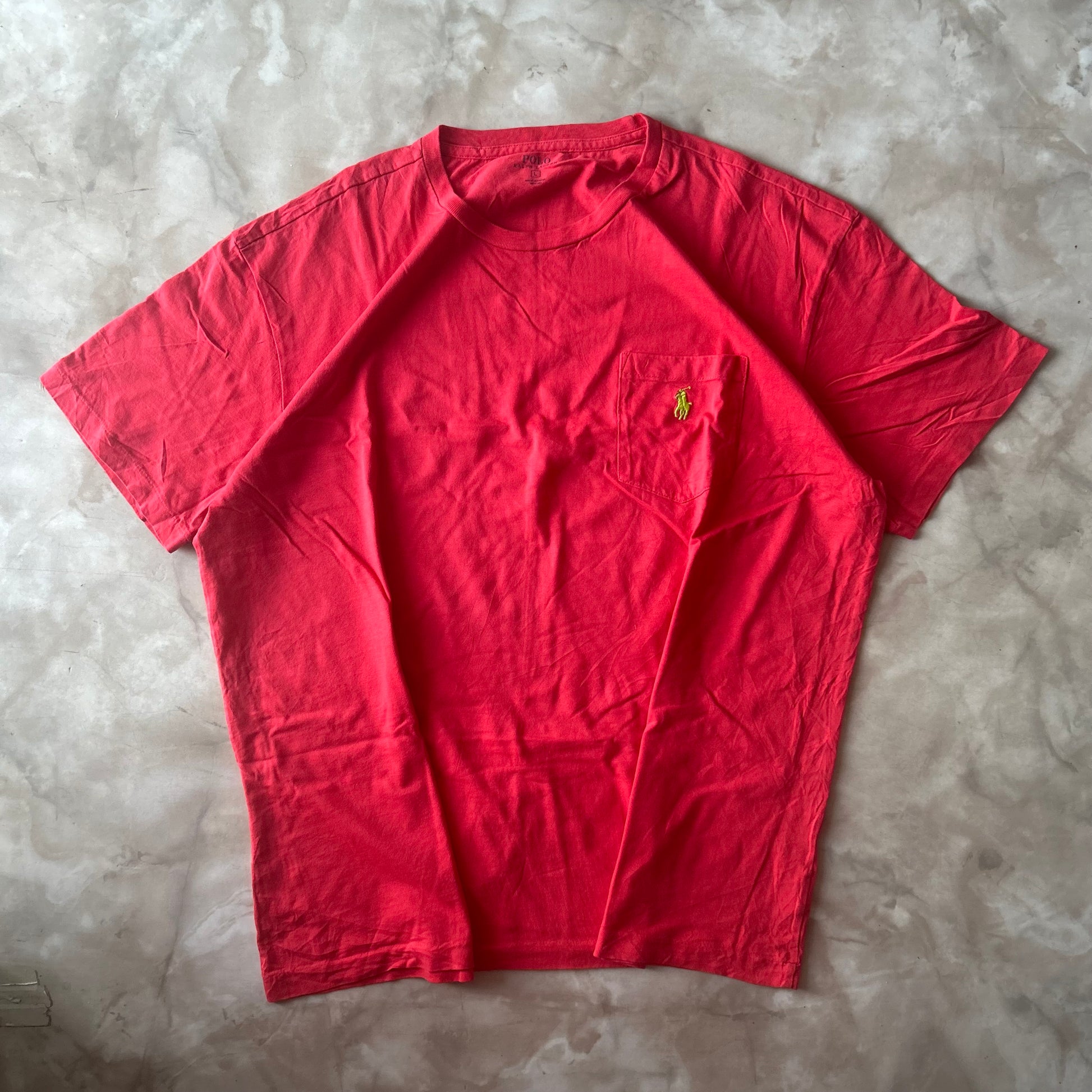 Vintage Bram's Vintage Ralph Lauren T-Shirt Red Pocket Yellow Pony in Red — sustainable streetwear from Bram's Vintage