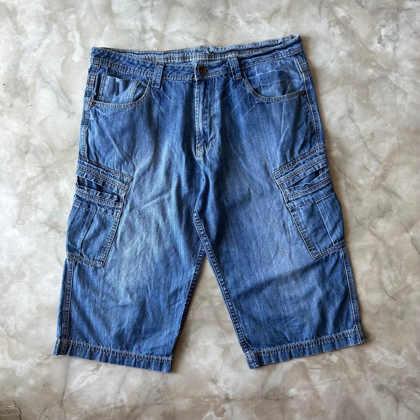 Vintage Bram's Vintage Blue Regular Fit 3/4 Cargo Jean Shorts in Blue — sustainable streetwear from Bram's Vintage