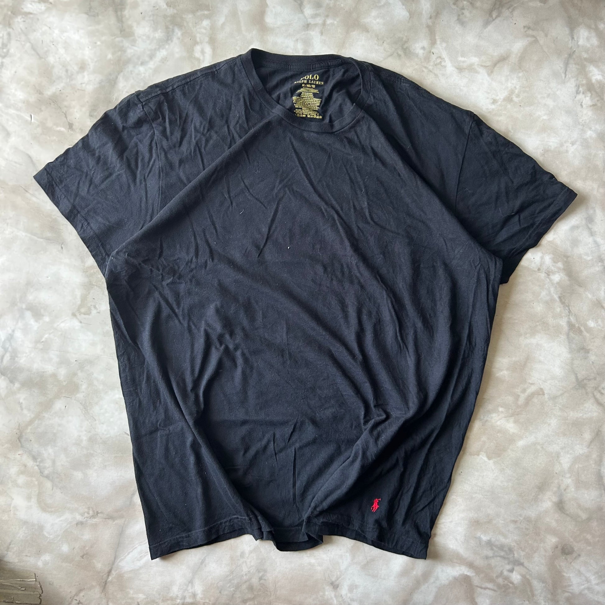 Vintage Bram's Vintage Ralph Lauren T-Shirt Black Red Pony Bottom in Black — sustainable streetwear from Bram's Vintage