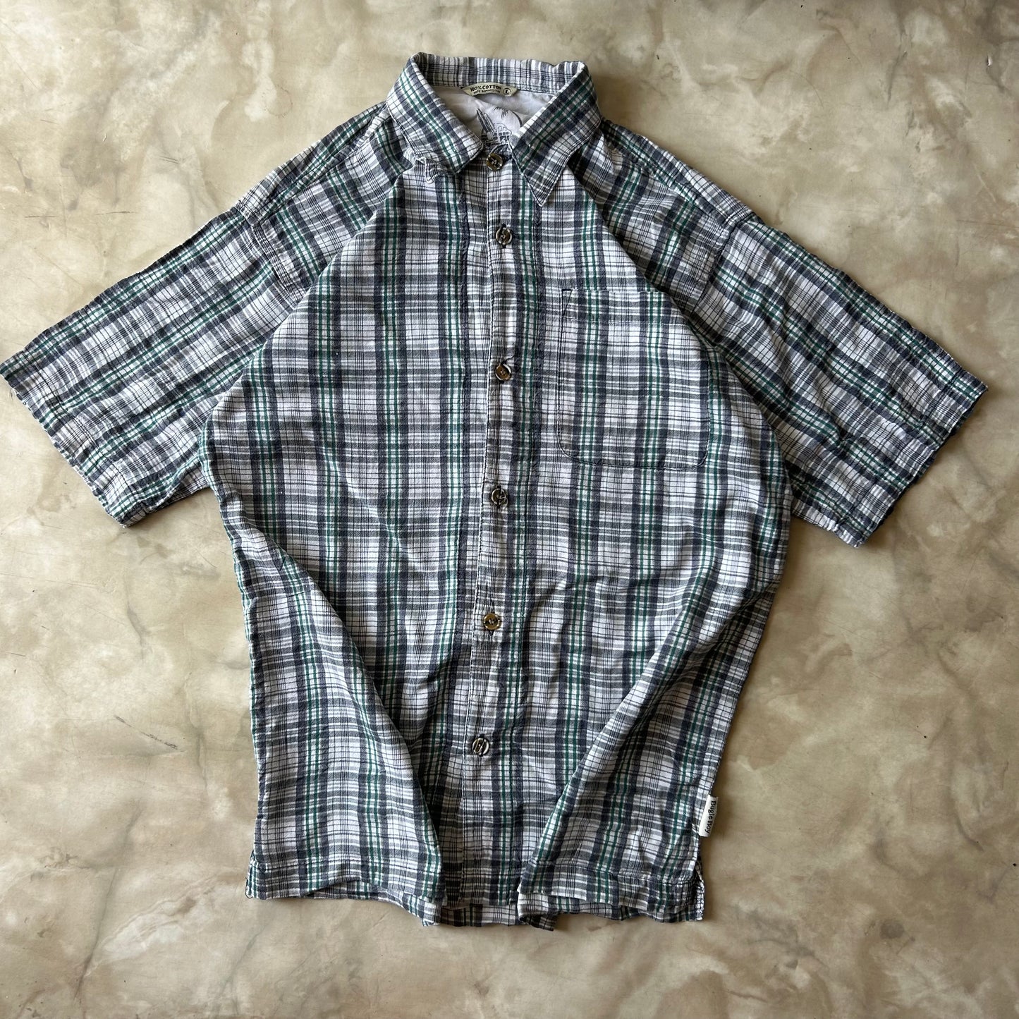 Vintage Bram's Vintage Button Up Shirt - Green Grey - Pakistan in Grey — sustainable streetwear from Bram's Vintage