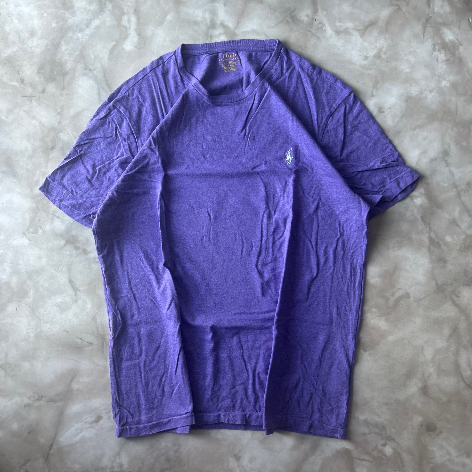 Vintage Bram's Vintage Ralph Lauren T-Shirt Purple White Pony in White — sustainable streetwear from Bram's Vintage