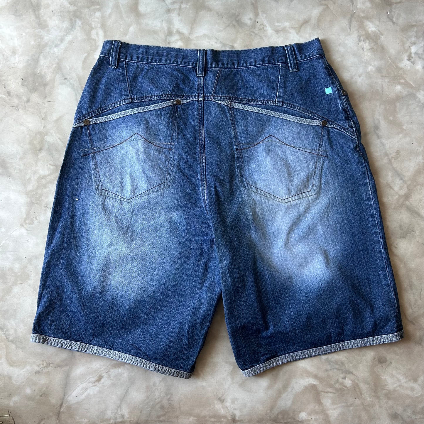 Vintage Bram's Vintage Faded Dark Blue Baggy Jean Shorts Jort in Blue — sustainable streetwear from Bram's Vintage