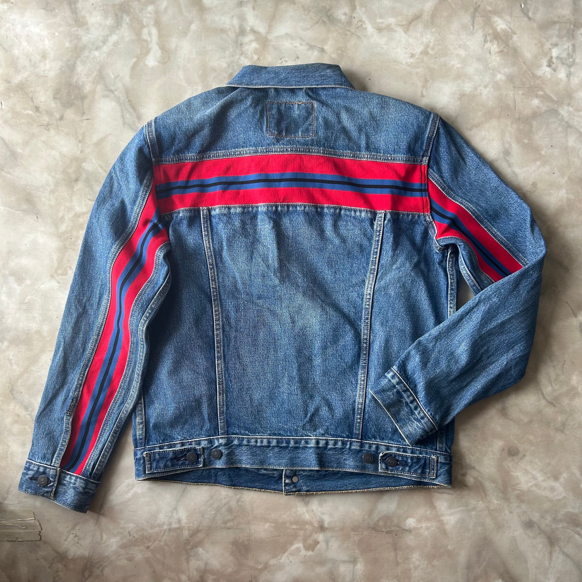 Vintage Bram's Vintage Levi's Denim Jacket Blue Red Back Stripes in Blue — sustainable streetwear from Bram's Vintage