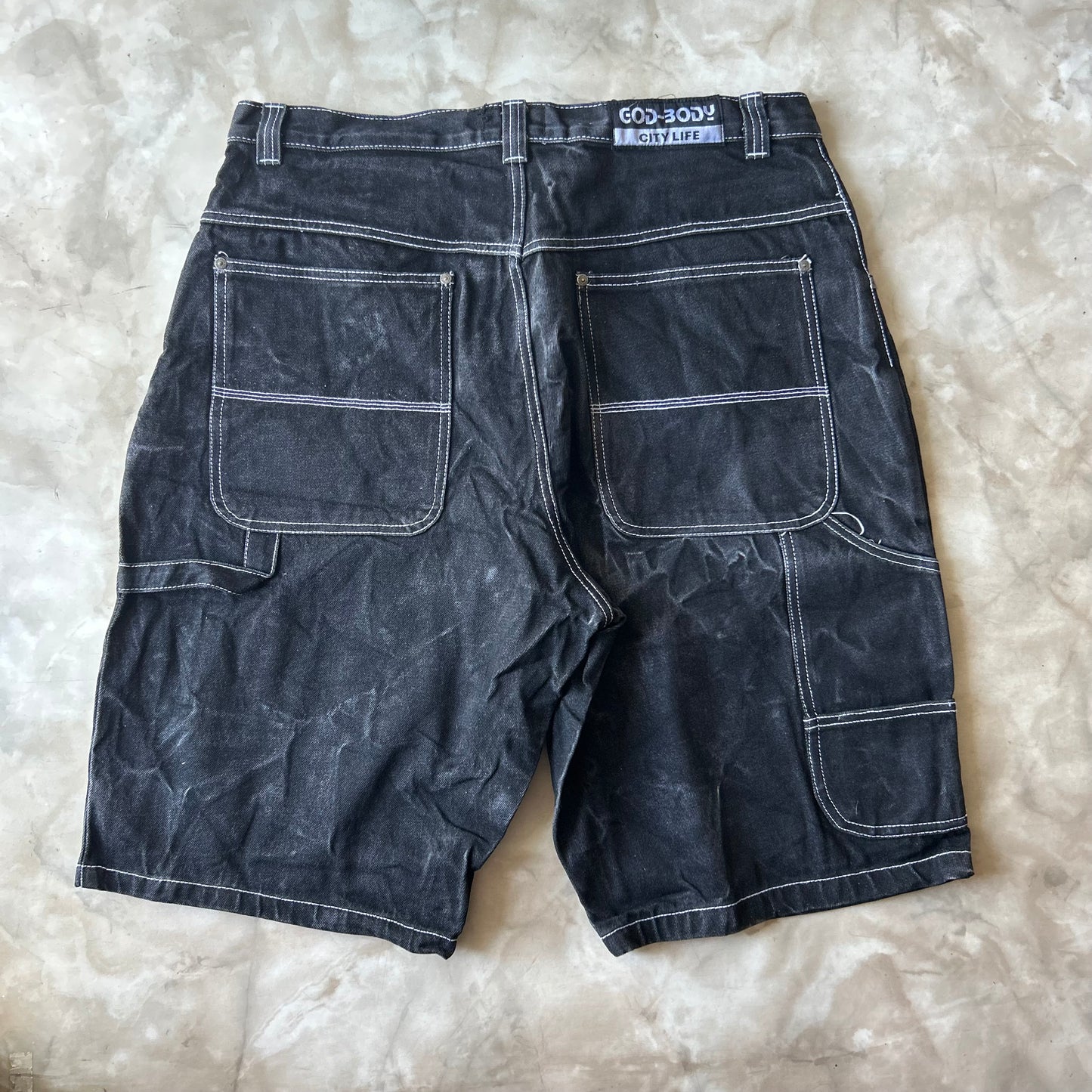 Vintage Bram's Vintage Faded Black Baggy Fit Jean Shorts in Black — sustainable streetwear from Bram's Vintage