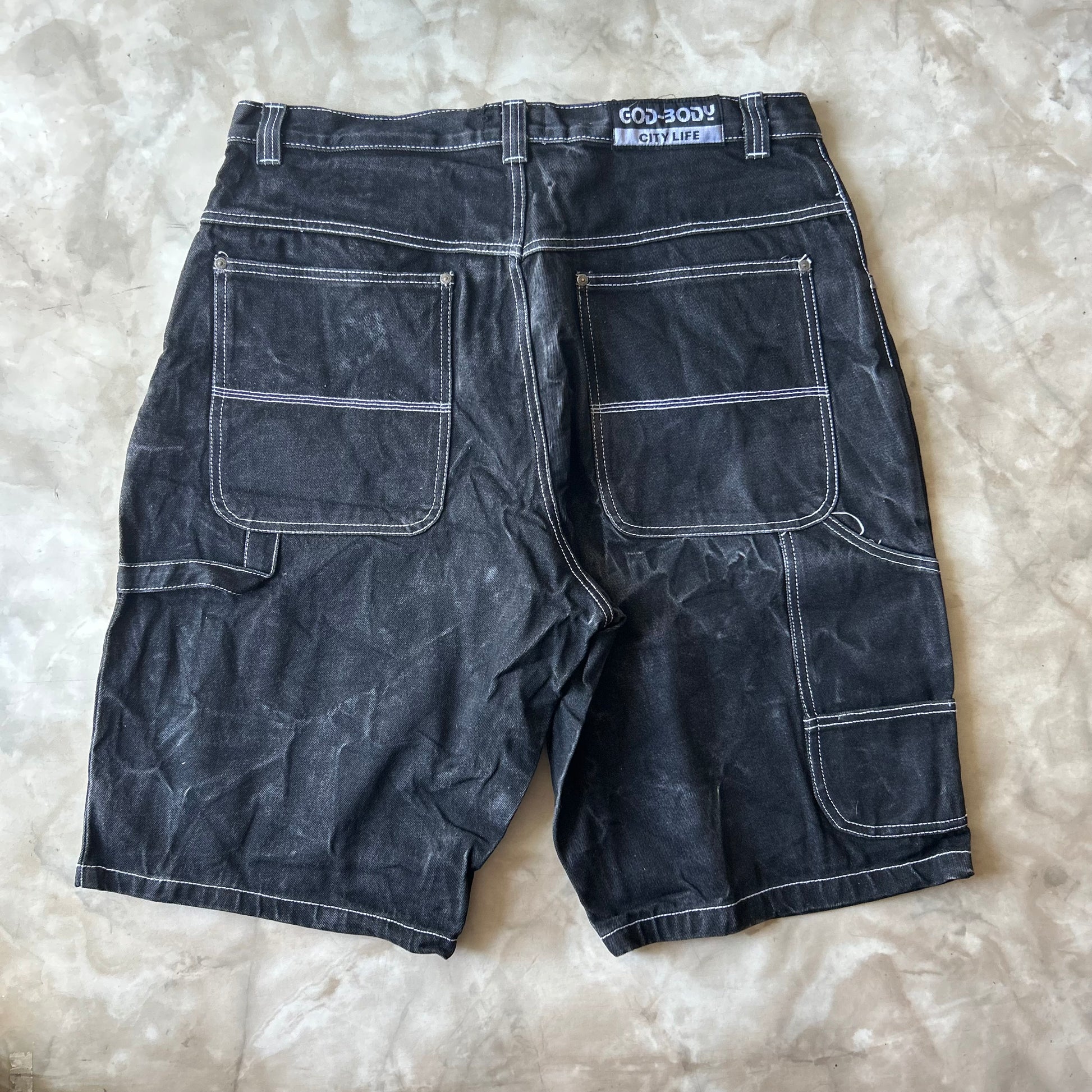 Vintage Bram's Vintage Faded Black Baggy Fit Jean Shorts in Black — sustainable streetwear from Bram's Vintage