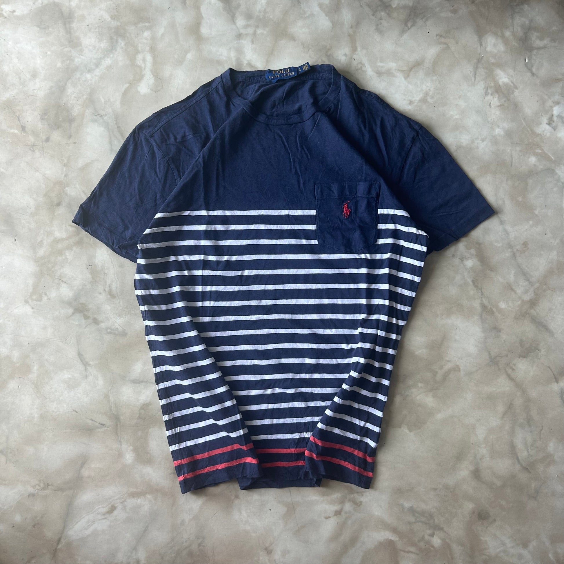 Vintage Bram's Vintage Ralph Lauren T-Shirt Striped Blue White Red Pocket Red Pony in Blue — sustainable streetwear from Bram's Vintage